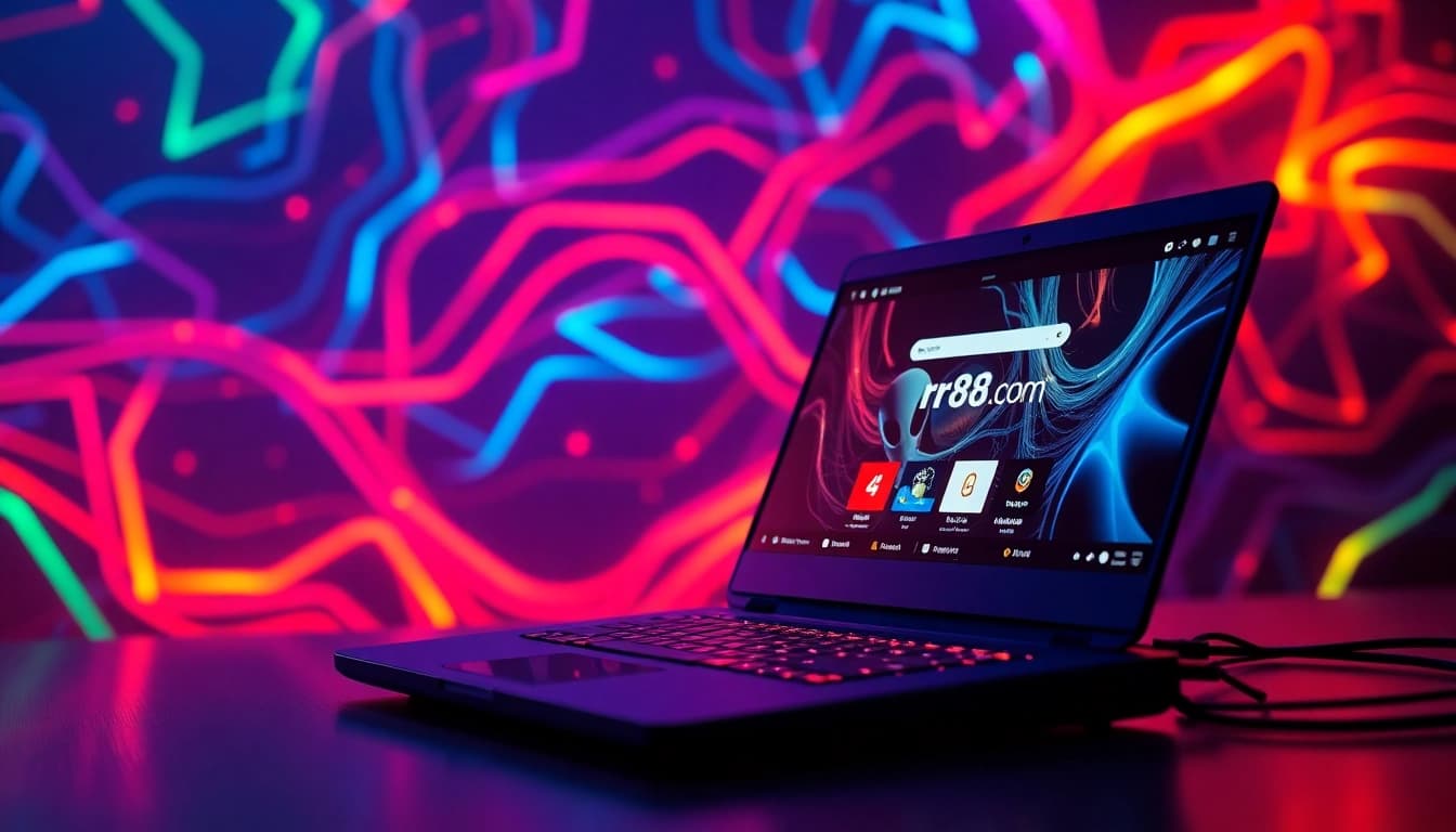 Engaging gaming setup showcasing rr88.com, featuring a vibrant, modern laptop.