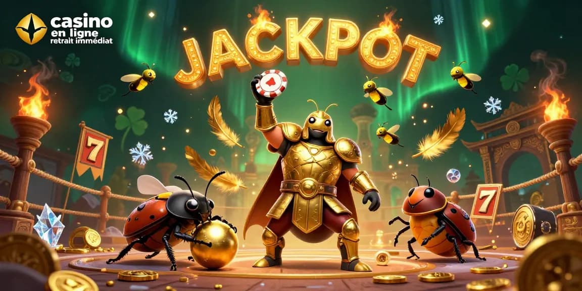 Profitez d'une illustration captivante de casino en ligne retrait immédiat avec des insectes dans une arène de jeu.