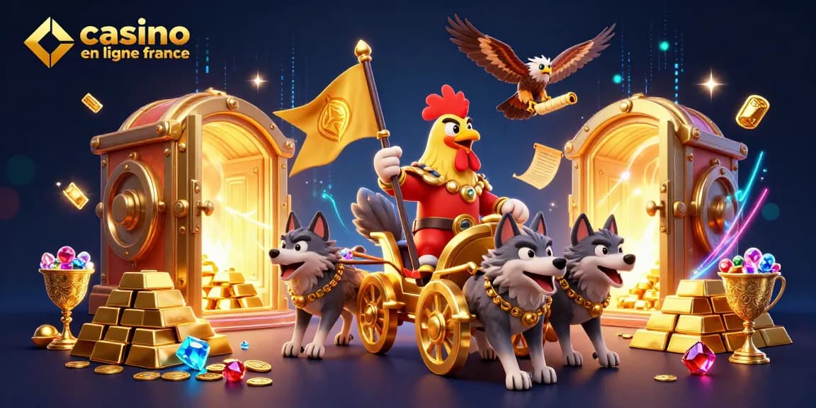 Casino en ligne France : illustration animée d'un coq guerrier dans un chariot d'or avec gemmes éparpillées.