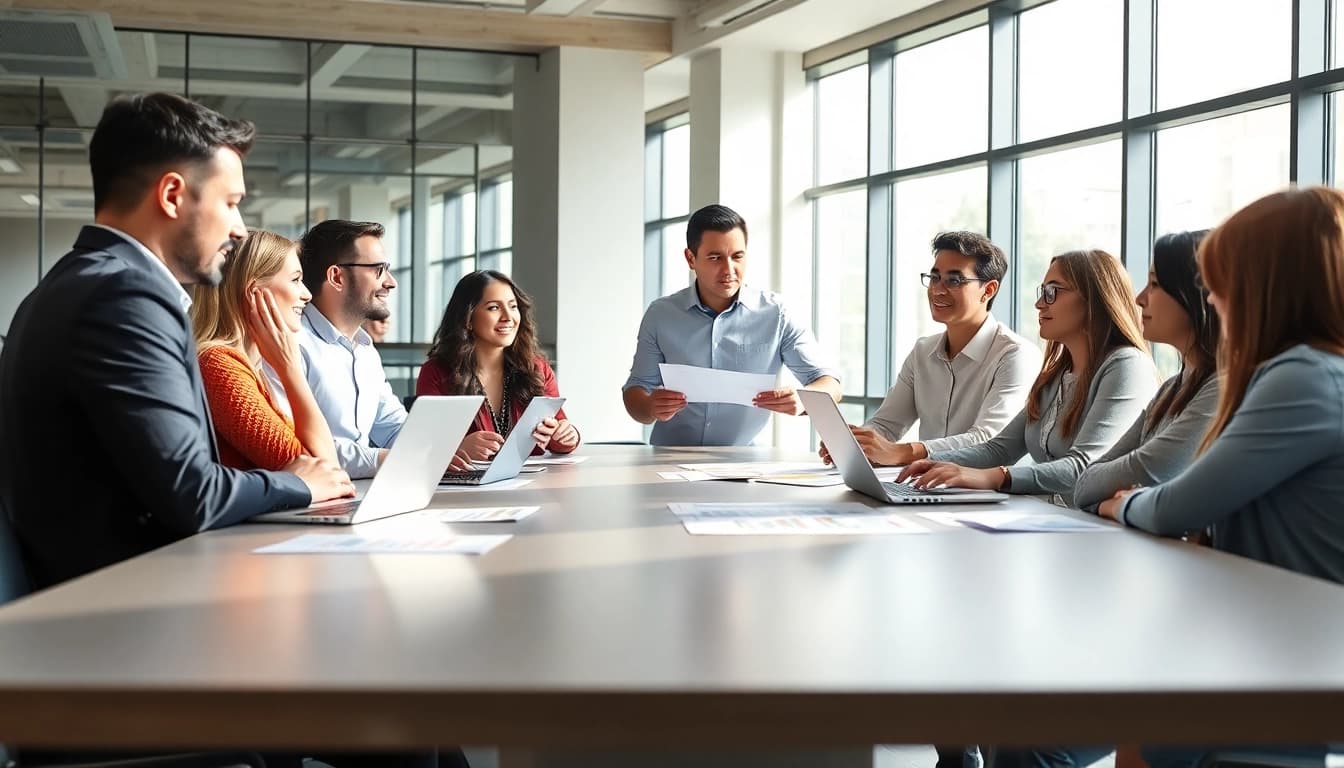 Engage in a vibrant business meeting with diverse professionals in a bright office.