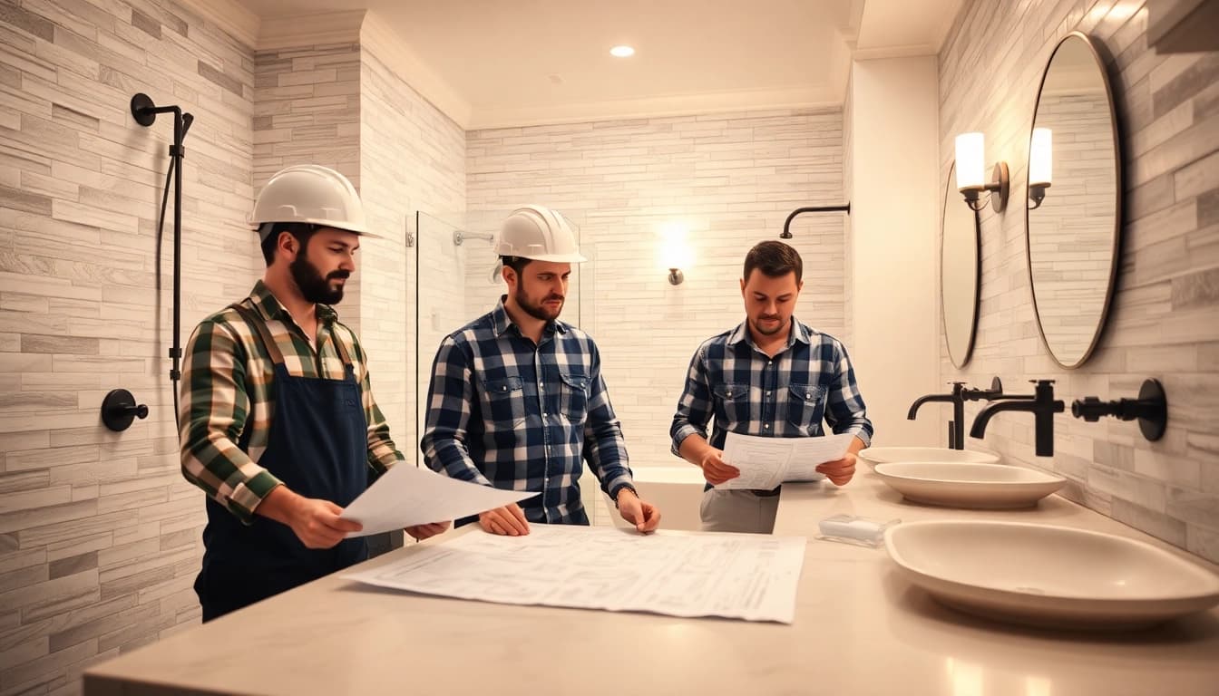 Bathroom builders expertly renovating a modern bathroom, showcasing elegant fixtures and tiles.