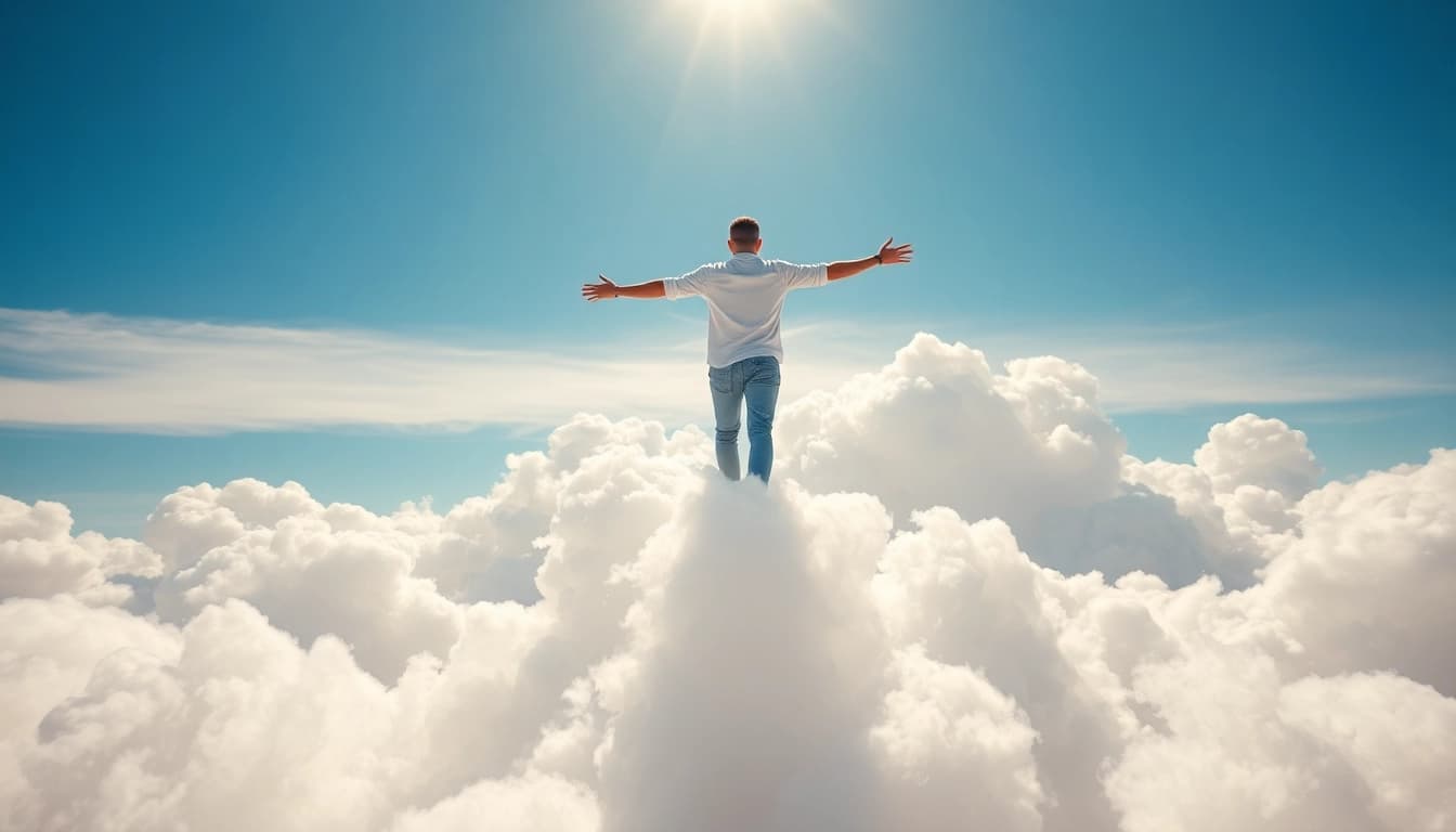 Person walking on clouds under a bright blue sky, showcasing the feeling of Walking on Clouds.
