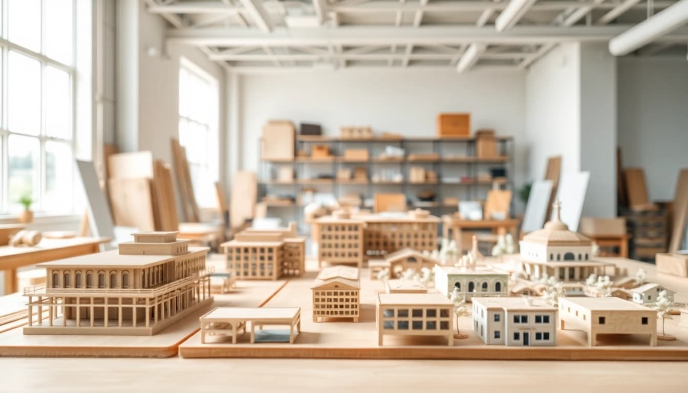 Architekturmodellbau Dresden zeigt präzise gefertigte Architekturmodelle in einem kreativen Arbeitsraum.