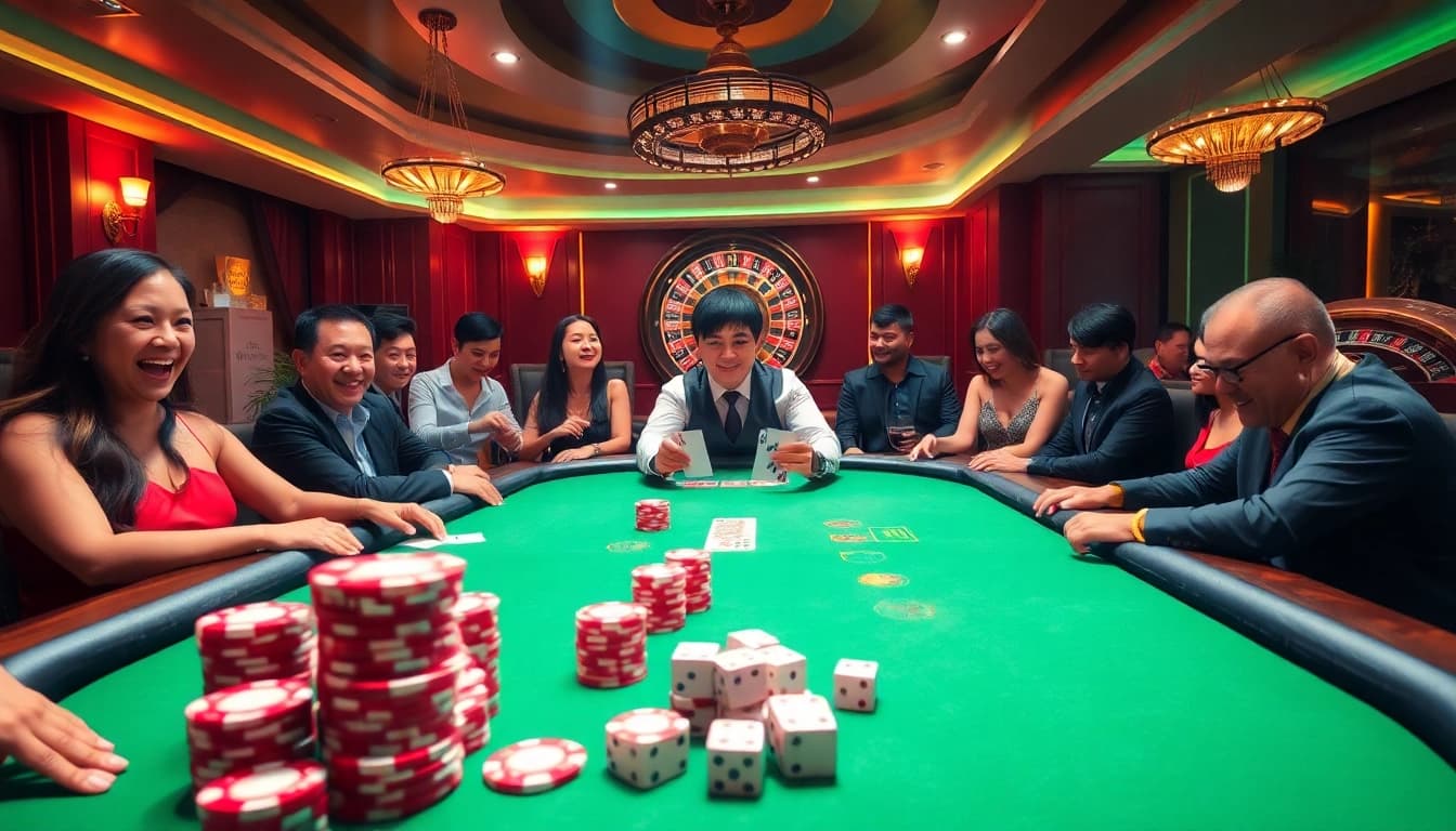 Excited players engaging at the U888 poker table in a vibrant casino.