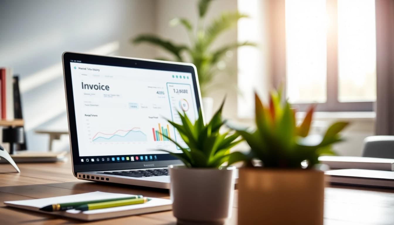 Streamlined invoice processing software interface displayed on a laptop in a professional workspace.