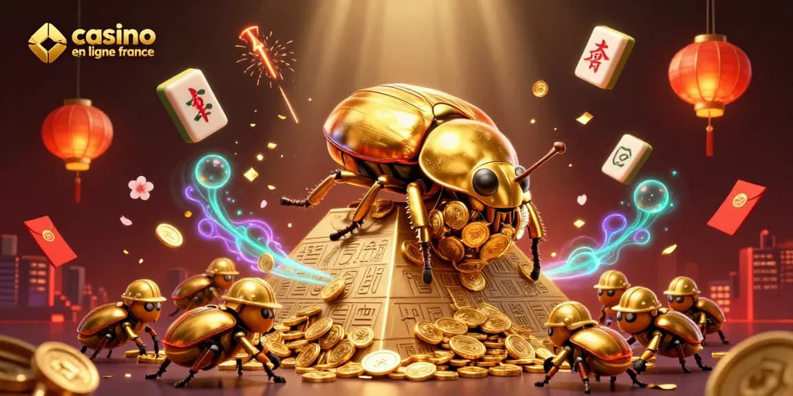 Illustration dynamique de casino en ligne France avec des scarabées dorés et des symboles de jeux.