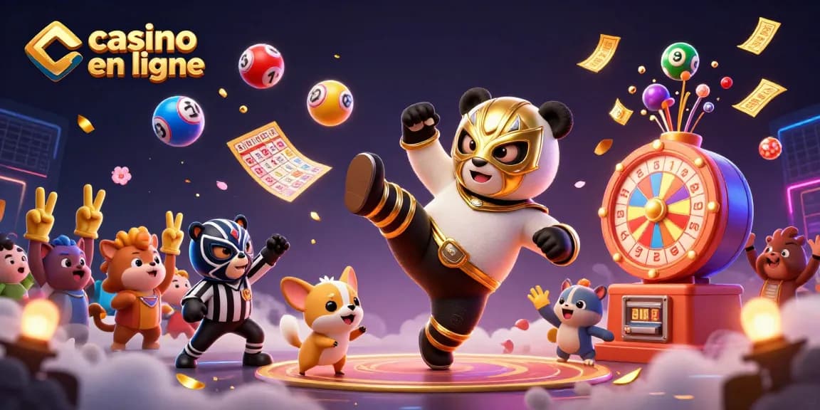 Profitez des jeux de casino en ligne avec un panda athlétique lançant un coup de pied.