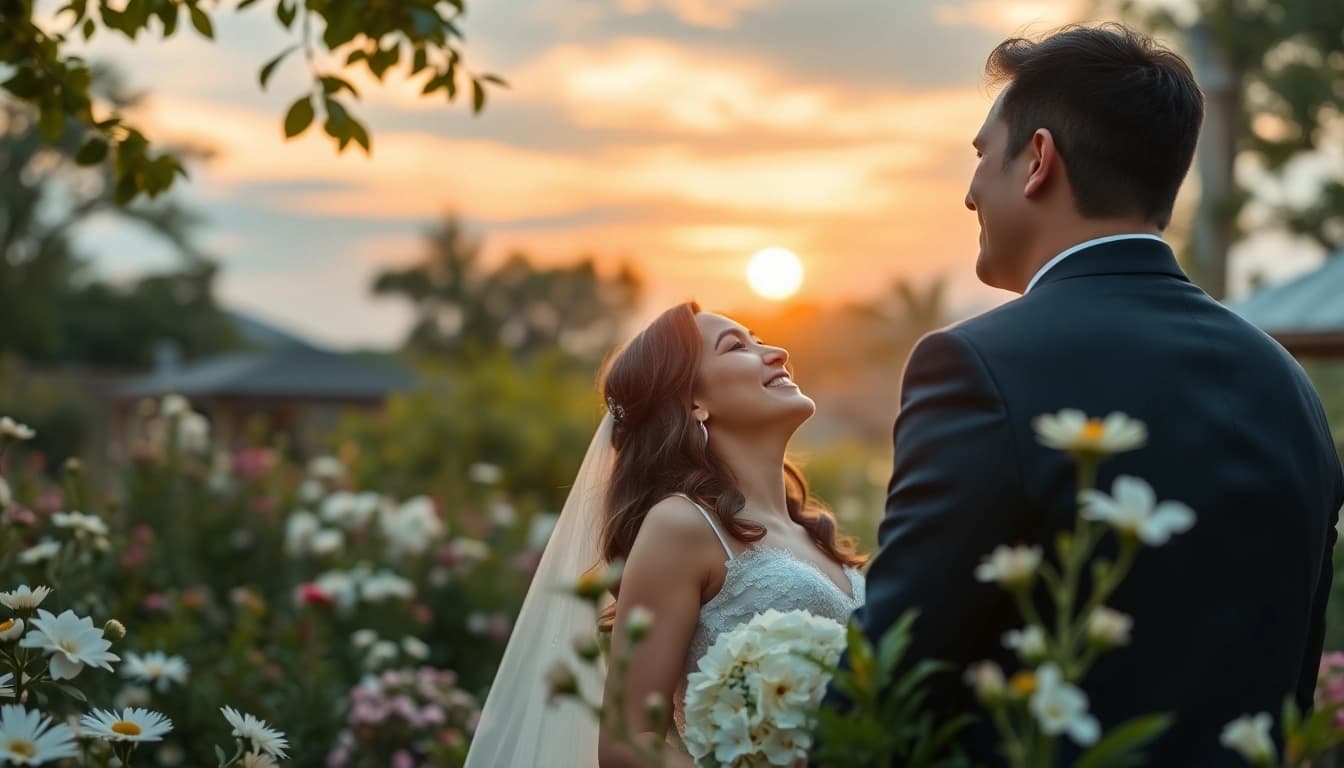 Engaging wedding photographer capturing a couple's joyful moment in a beautiful garden.