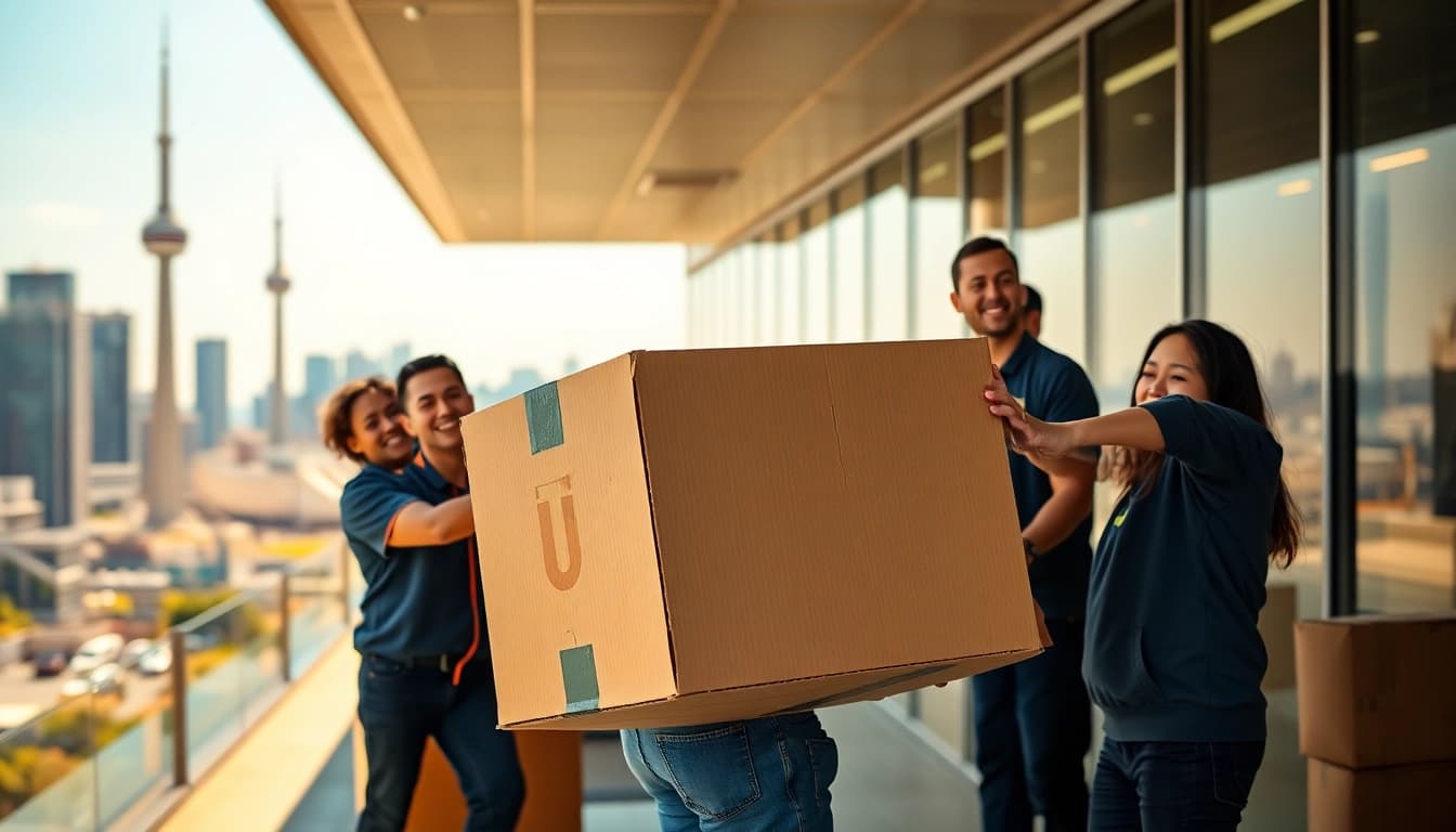 Toronto moving company team joyfully lifting boxes in Toronto's vibrant urban landscape.