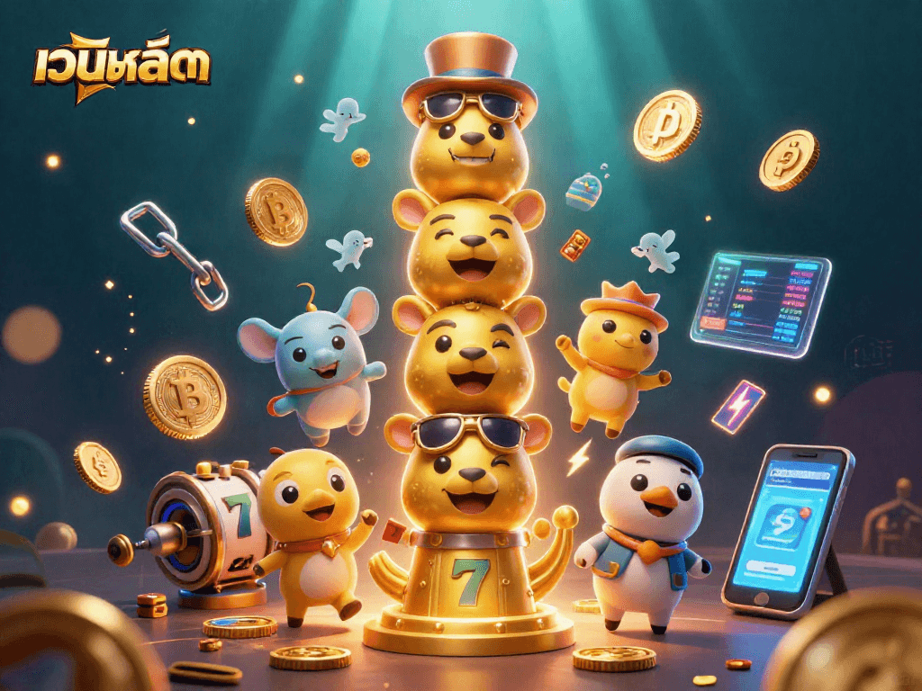Engage with เว็บสล็อต through vibrant casino-themed 3D illustrations, featuring lively characters and crypto elements.