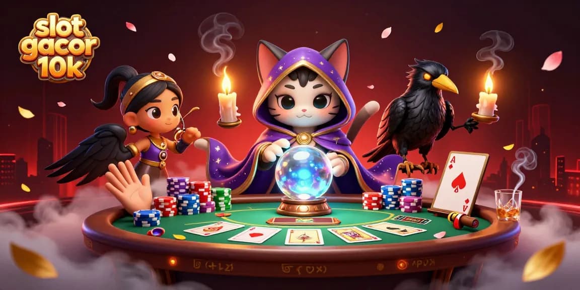 Engage in slot gacor 10k action with a vibrant 3D casino scene featuring mystical characters.