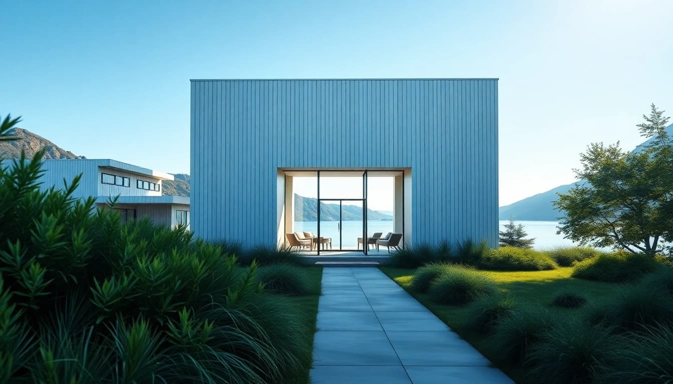 Scandia building showcasing minimalist design and serene landscape.