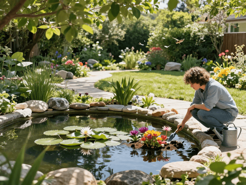 Pond Plants nestled in a tranquil garden pond, showcasing vibrant blooms and lush greenery.