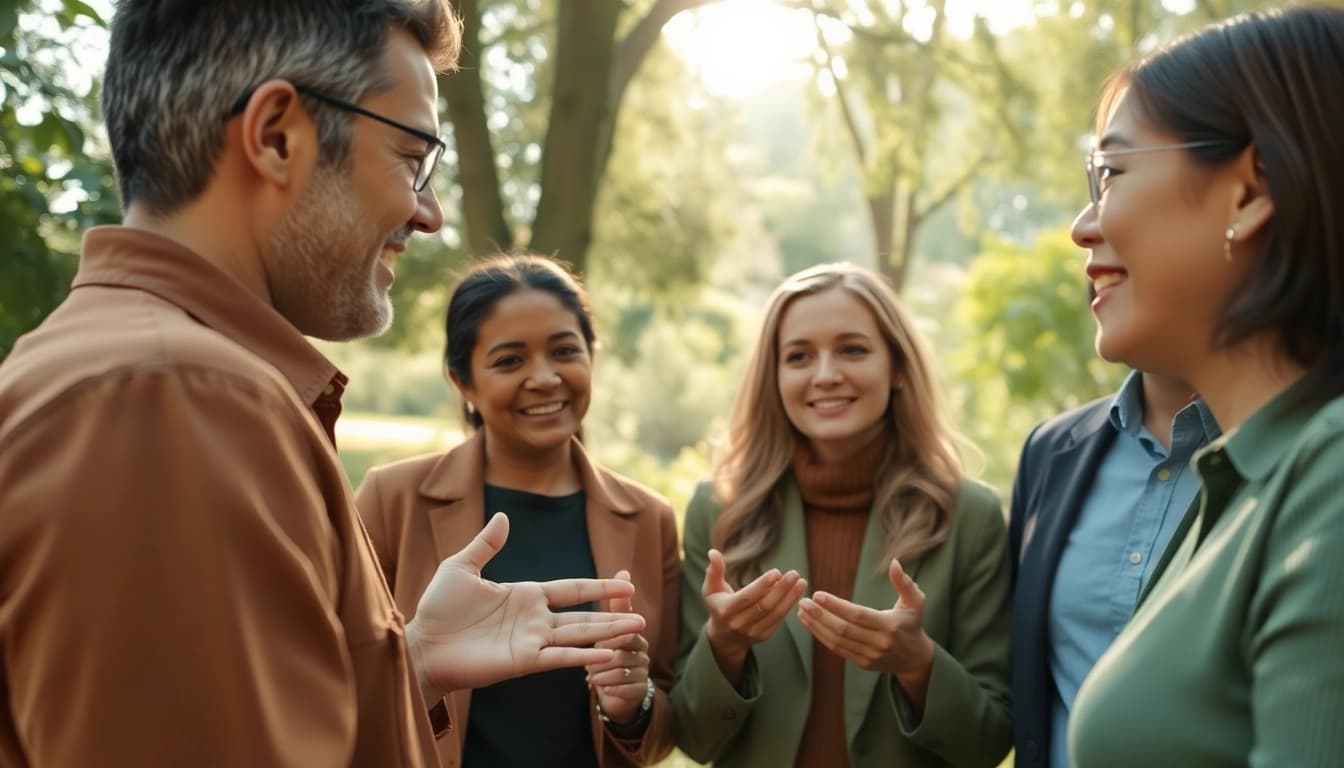 Engaged individuals illustrating mental health awareness in a serene outdoor setting.