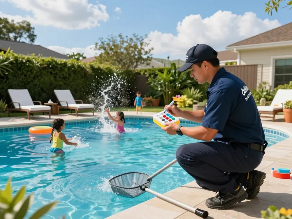 Dolphin Pool Services technician providing essential pool maintenance in a sunny backyard setting, ensuring a pristine swimming experience.