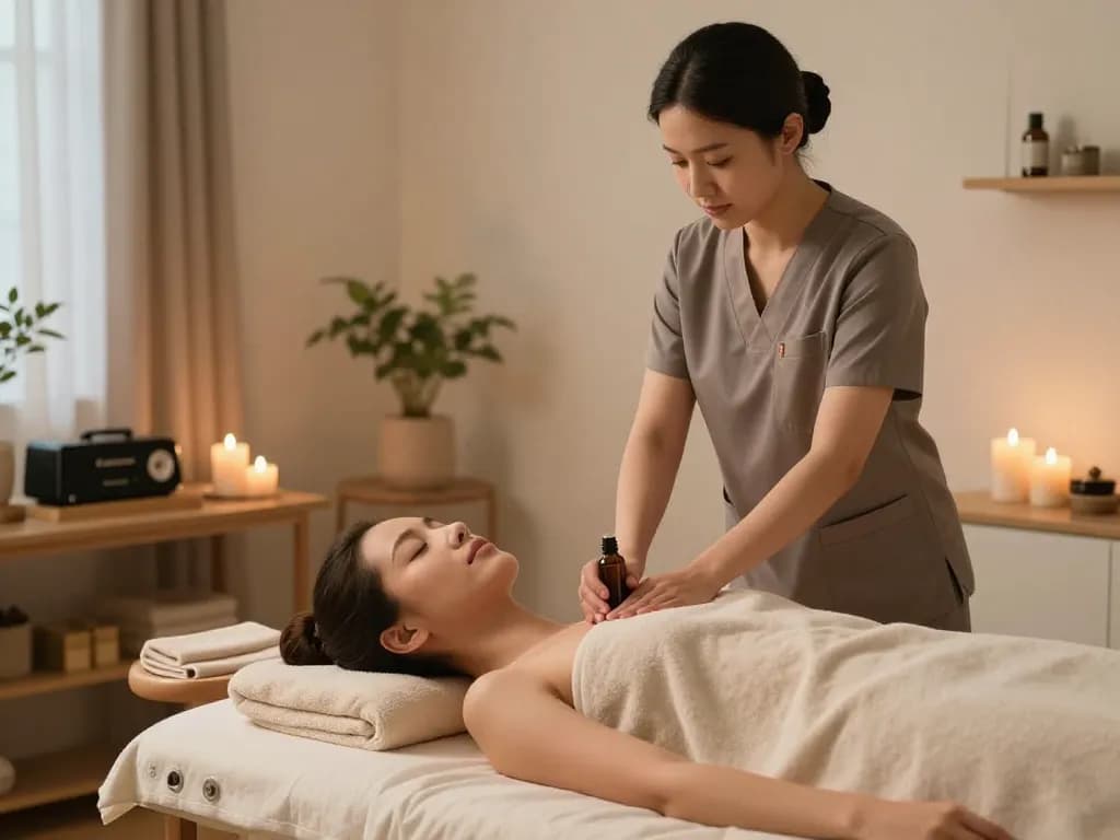 Relaxing home massage therapy session with a professional therapist at https://www.maxim-anma.net, showcasing soothing aromatherapy and a comfortable environment.