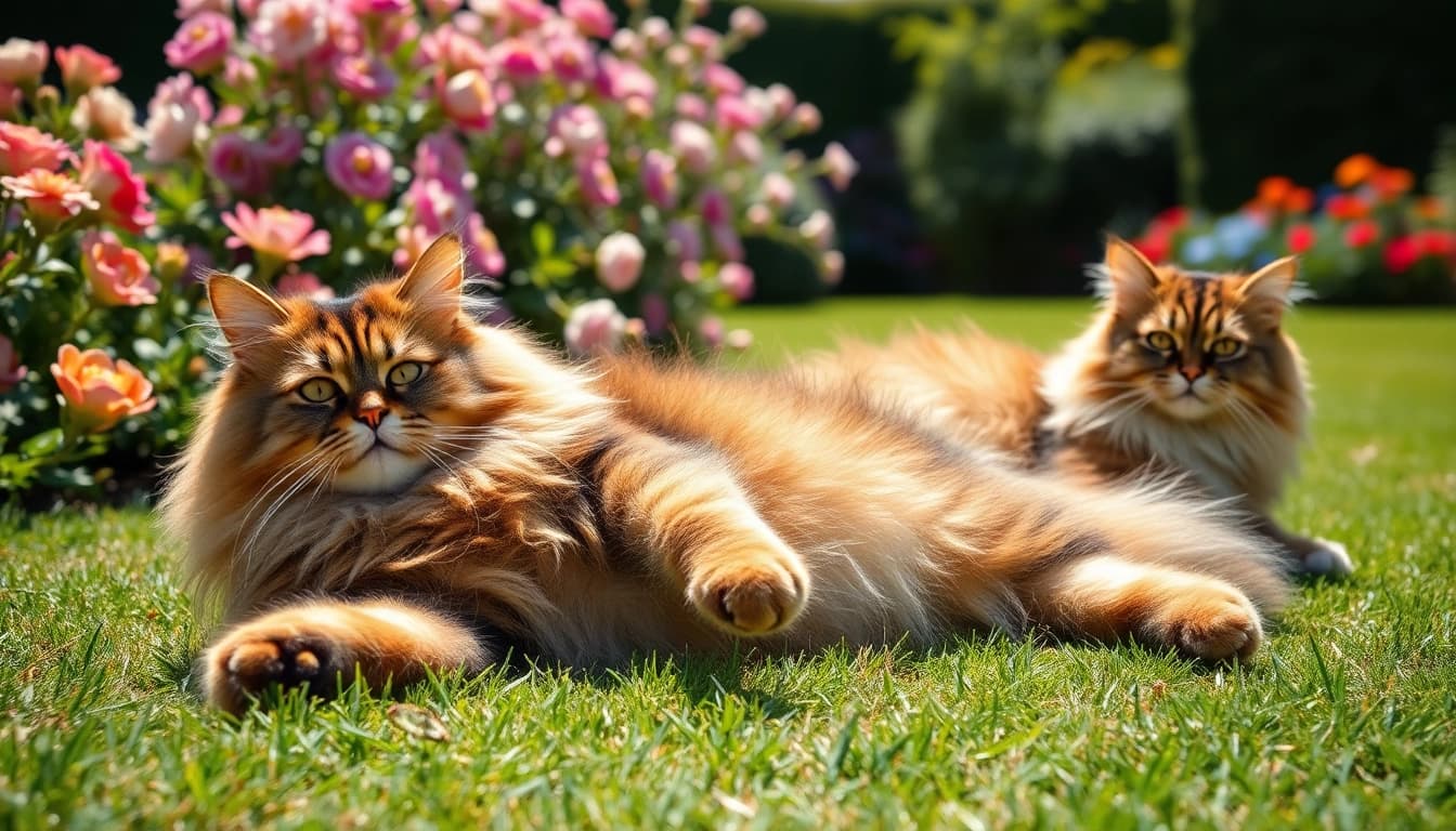 Maine Coon cats for sale Sacramento enjoying a sunny garden with vibrant flowers.
