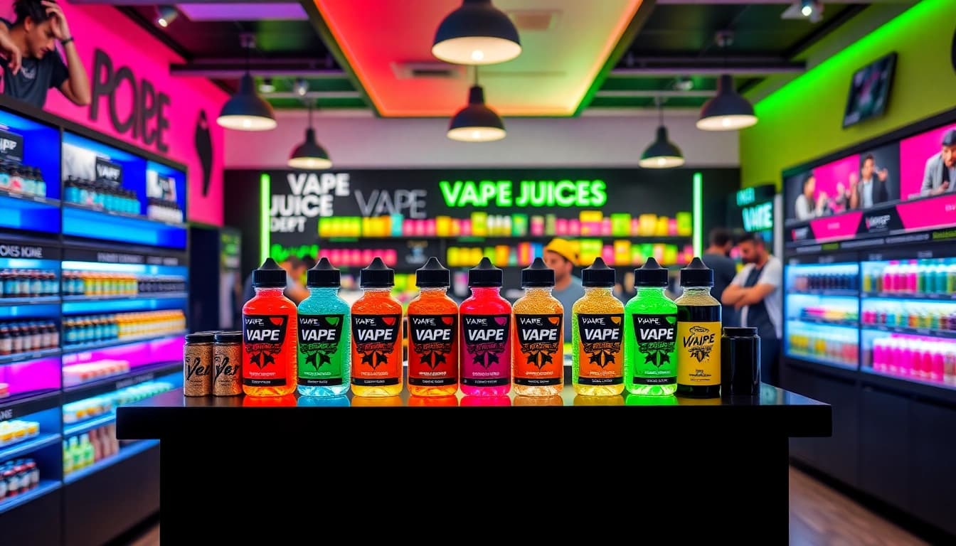 Explore vibrant vape juice depot displays featuring colorful bottles and inviting atmosphere.