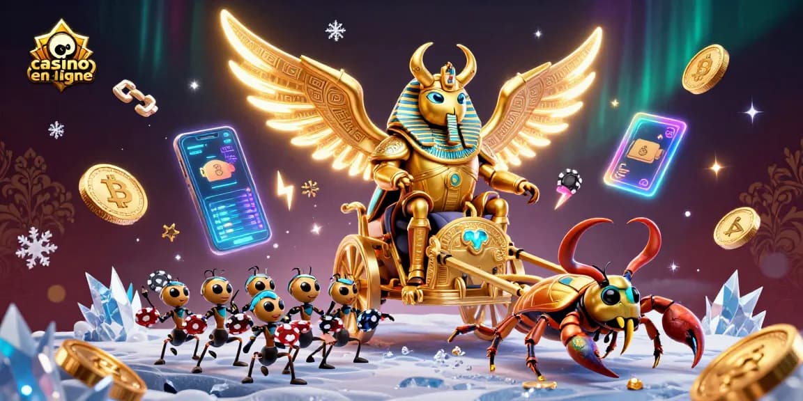 Jouer au casino en ligne avec un scarabée doré et des scorpions, entourés de jetons et de crypto-monnaies.