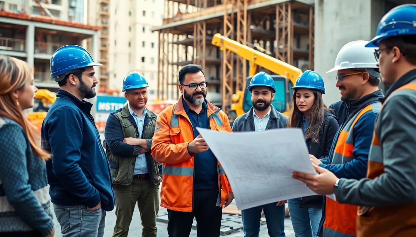 Construction association south carolina professionals in a meeting reviewing project plans at a construction site.