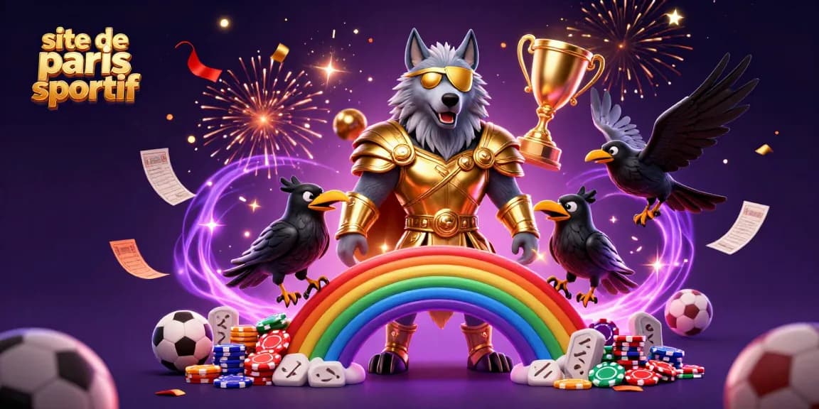Jeux dynamiques sur un site de paris sportif, avec un loup d'Odin et des éléments de jeu éclatants.