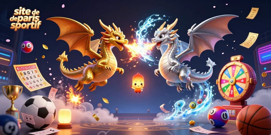 Visualisez le site de paris sportif avec des dragons 3D dans une scène dynamique d'action.