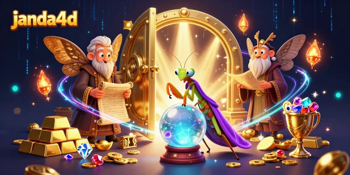 JANDA4D hadir dengan simbol keberuntungan dalam ilustrasi kasino berwarna cerah serta efek magis.