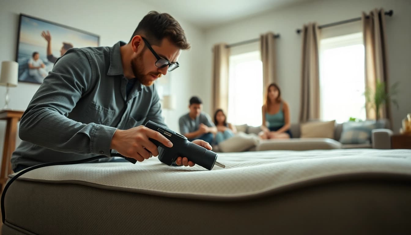 Bed bug exterminators inspecting a mattress while a family watches, showcasing professional pest control.