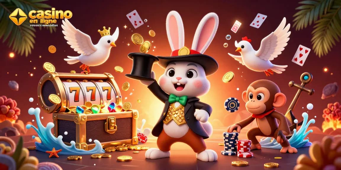 Illustration dynamique de casino en ligne retrait immédiat avec un lapin magicien, des colombes et un singe, entourés d'éléments de casino