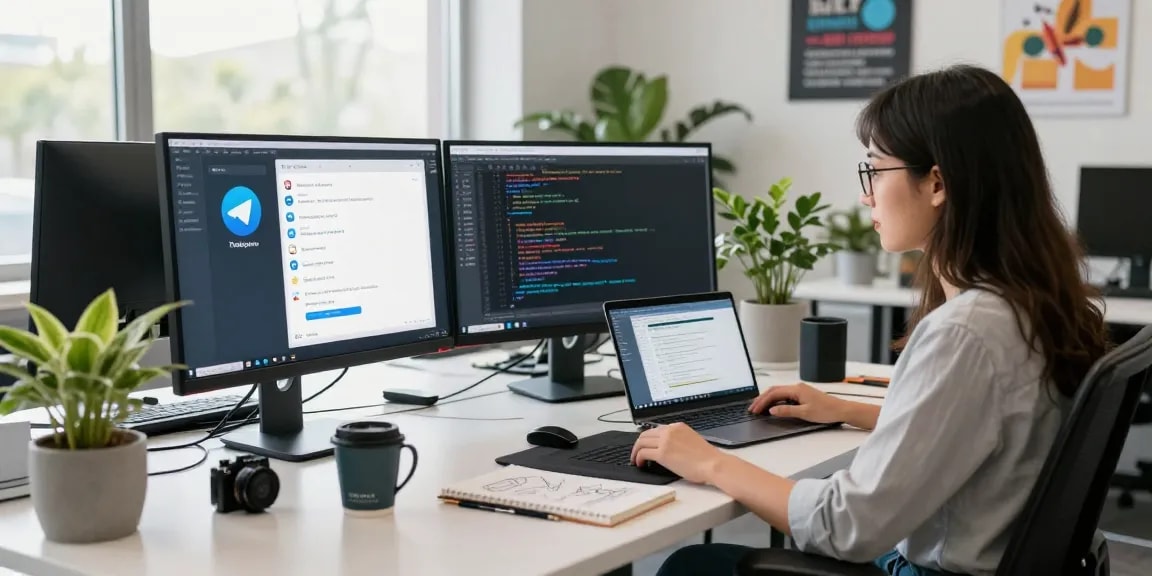 Explore the features of 纸飞机下载 in a vibrant tech workspace, showcasing instant messaging interfaces and coding environments.