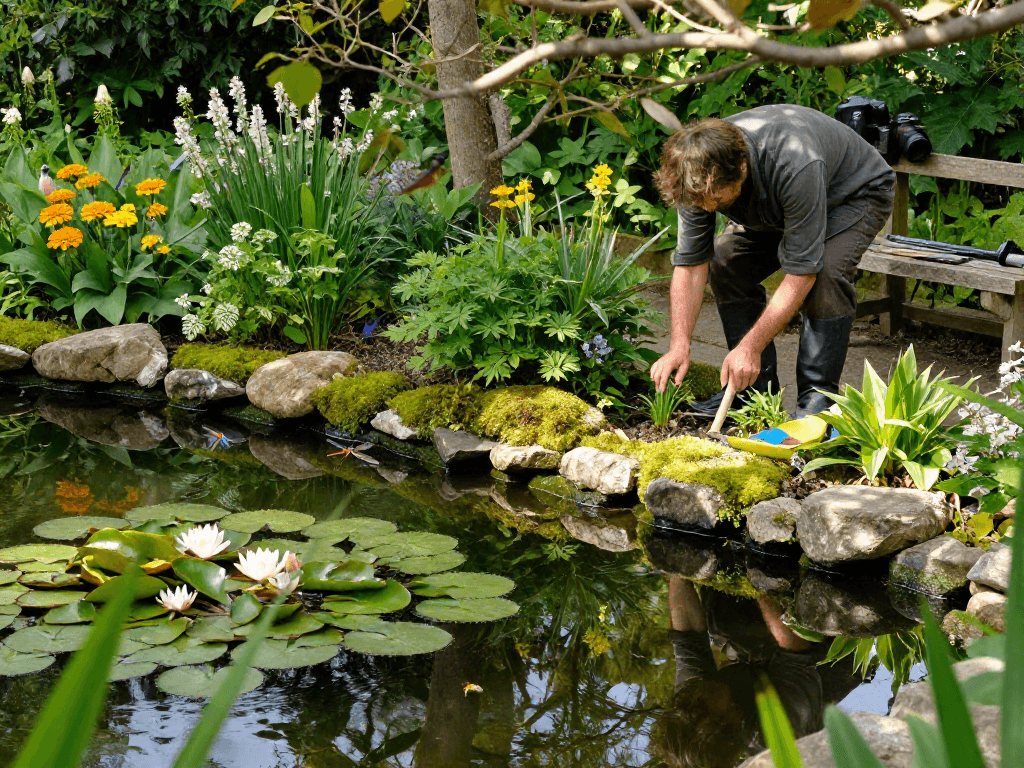 British Pond Plants flourishing in a serene pond garden scene with vibrant flora and soft sunlight.