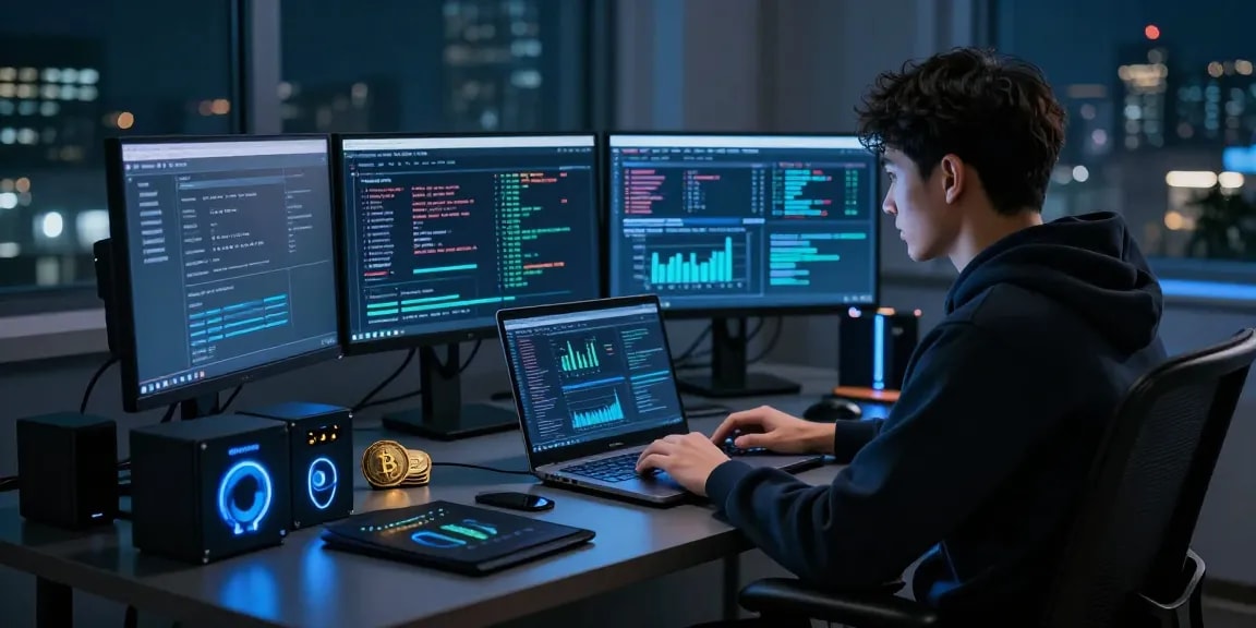 Expert analyzing BlackOps Market Link with cryptocurrency tools in a dark web environment