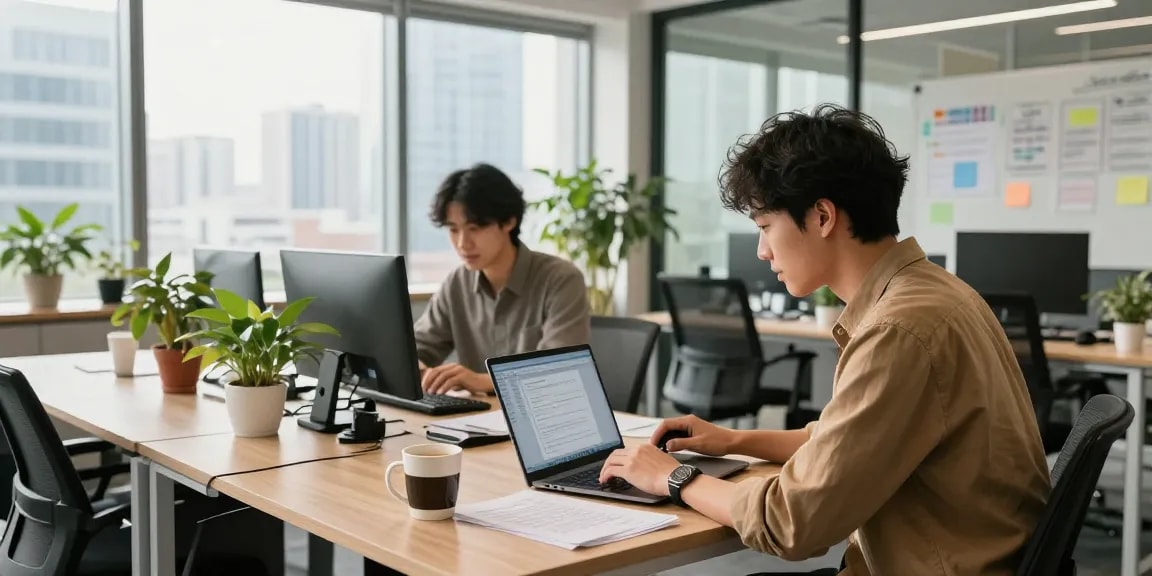 在现代办公室中，使用WPS中文办公软件下载的人员与同事合作，营造高效办公氛围。