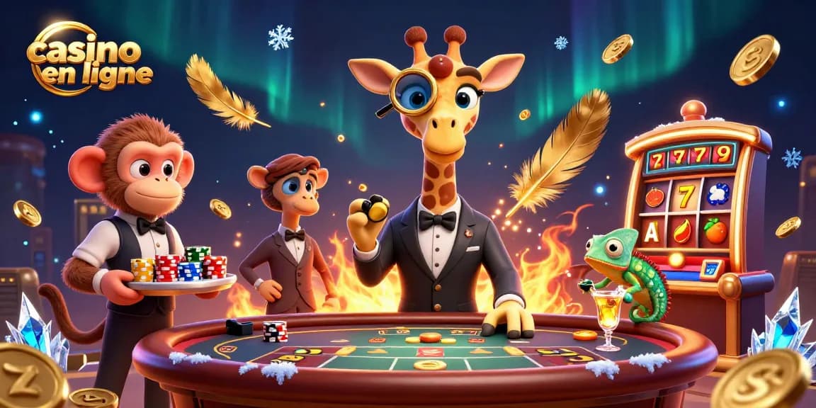 Jouez aux jeux de casino en ligne avec élégance grâce à un personnage girafe VIP et une ambiance animée.