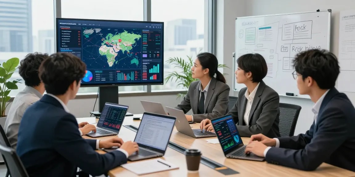 Team analyzing financial crime intelligence data in a modern conference room setting, showcasing digital analytics and collaborative strategy.