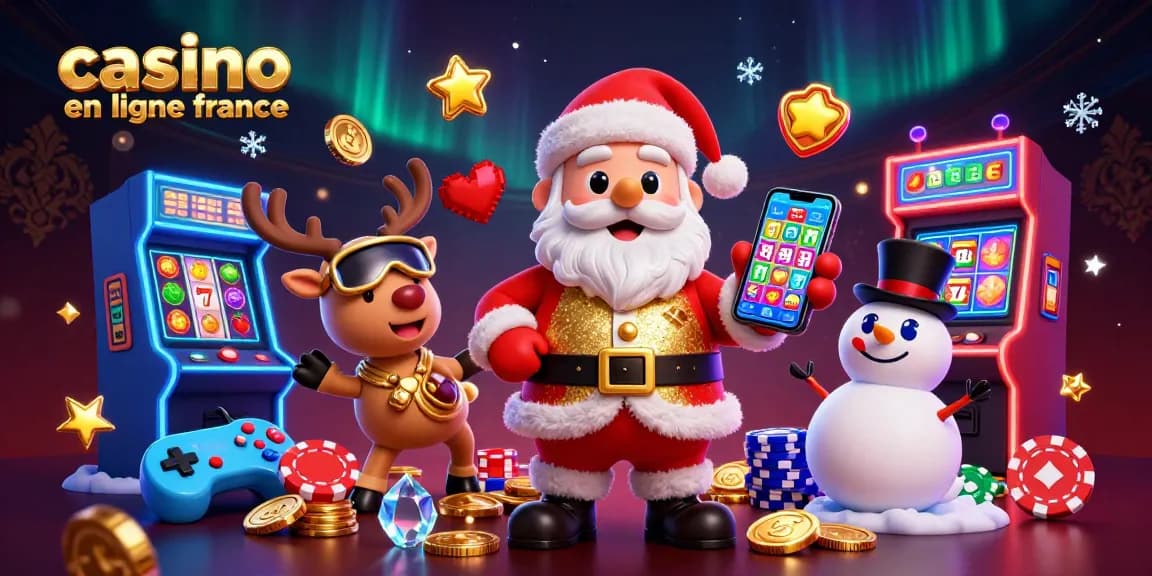 Le casino en ligne France s'anime avec un Santa 3D, un renne et un bonhomme de neige entourés de machines à sous étincelantes.