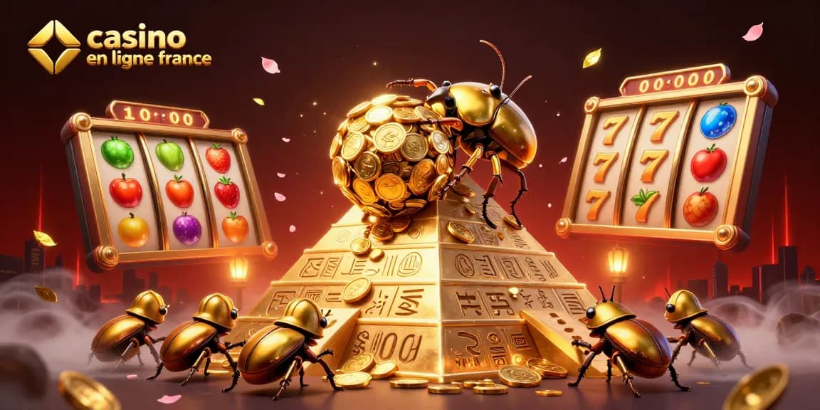 Image captivante de casino en ligne France avec un scarabée doré sur un tas de pièces.
