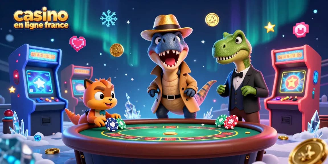 Un velociraptor en trench et fedora joue au blackjack dans un casino en ligne France, encerclé par des machines à arcade.