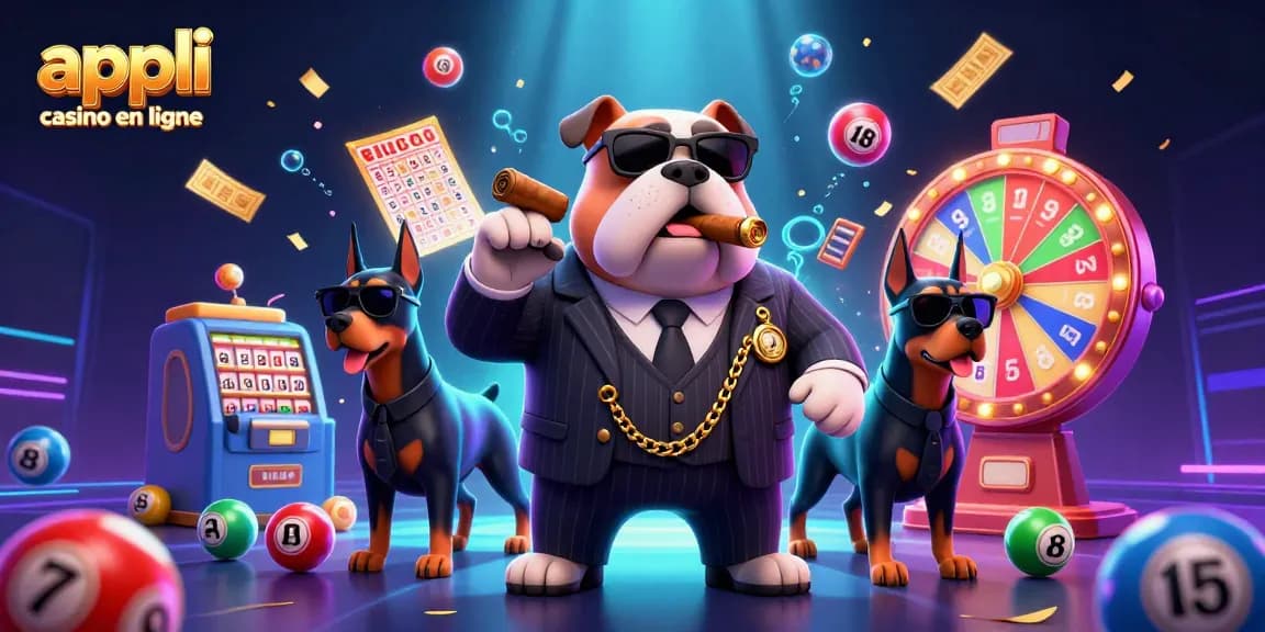 Lancez vos jeux avec l'appli casino en ligne, un bulldog mafieux et ses gardes.