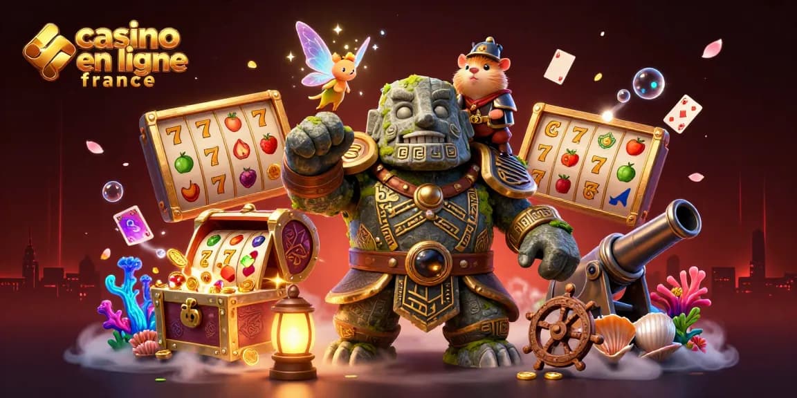 Image illustrant un gardien golem animé entouré de symboles de casino en ligne France, avec magie scintillante.