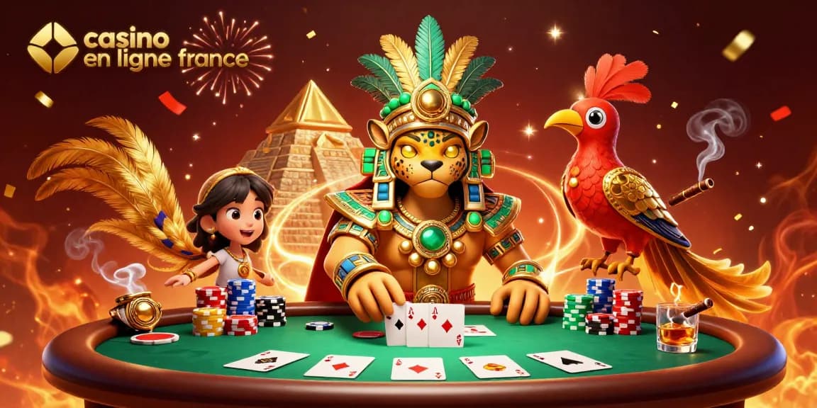 Gagnez aux jeux de casino en ligne France avec un prêtre jaguar et un oiseau quetzal, ambiance festive.