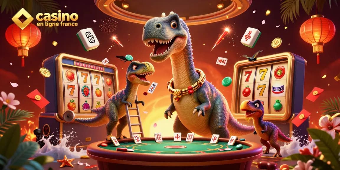 Illustration dynamique de casino en ligne France avec des personnages de dinosaures et des éléments de jeu colorés.