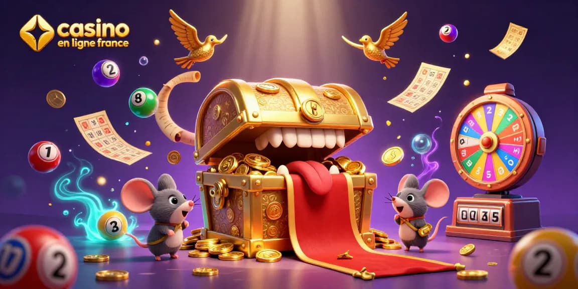 Un jeu captivant dans un casino en ligne France avec un coffre au trésor d'or attirant les souris aventurières.