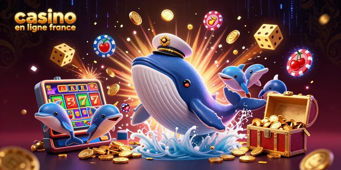 Visuel dynamique et coloré sur le casino en ligne France, illustrant une baleine et des dauphins en pleine action.