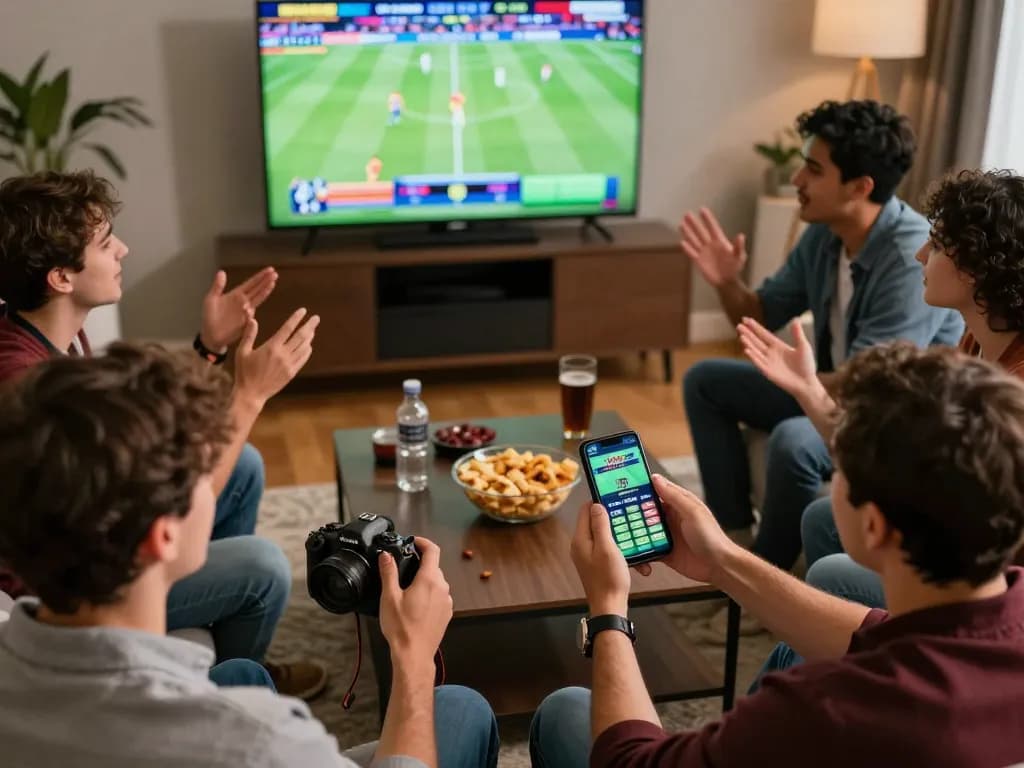 Friends enjoying sports betting on king33 app during a live sports event in a cozy home setting.