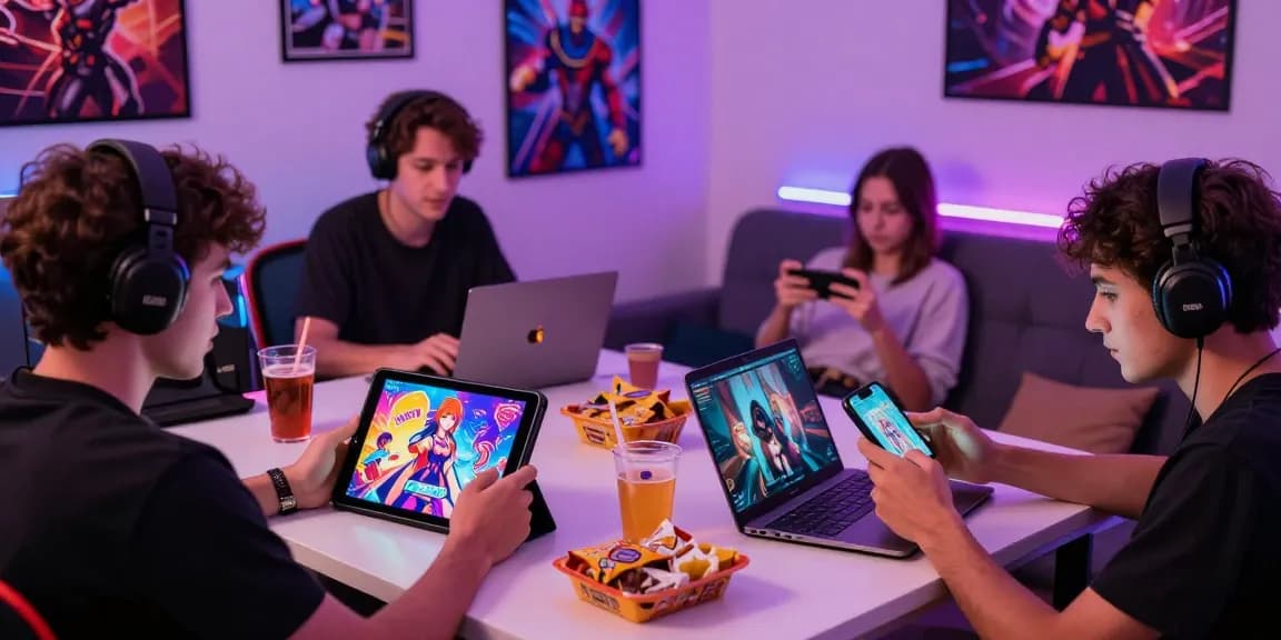 Players enjoying a hentai game on different devices in a vibrant gaming setup.
