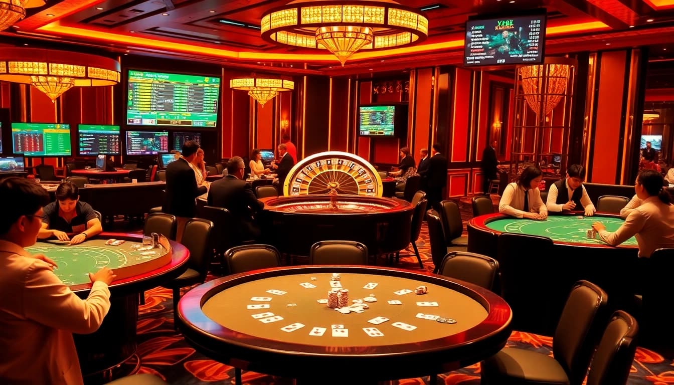 Exciting casino scene at Xx 88 showcasing players engaged in blackjack, poker, and roulette.
