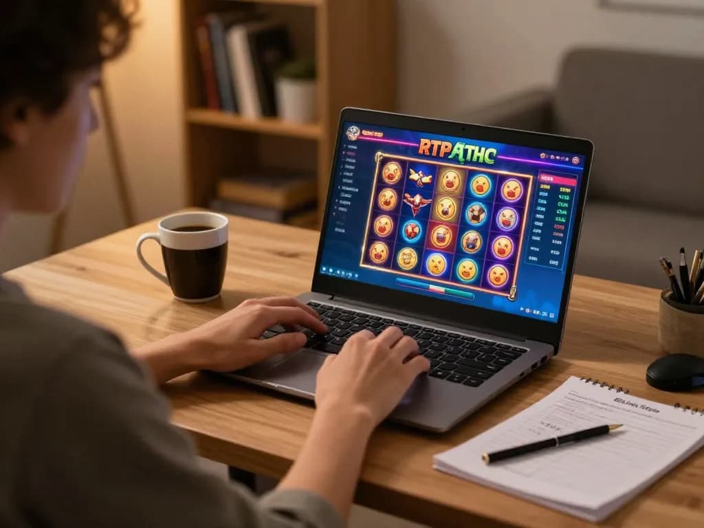Engaging in Gajah Toto online gameplay with vibrant slot games displayed on laptop and strategic notes.