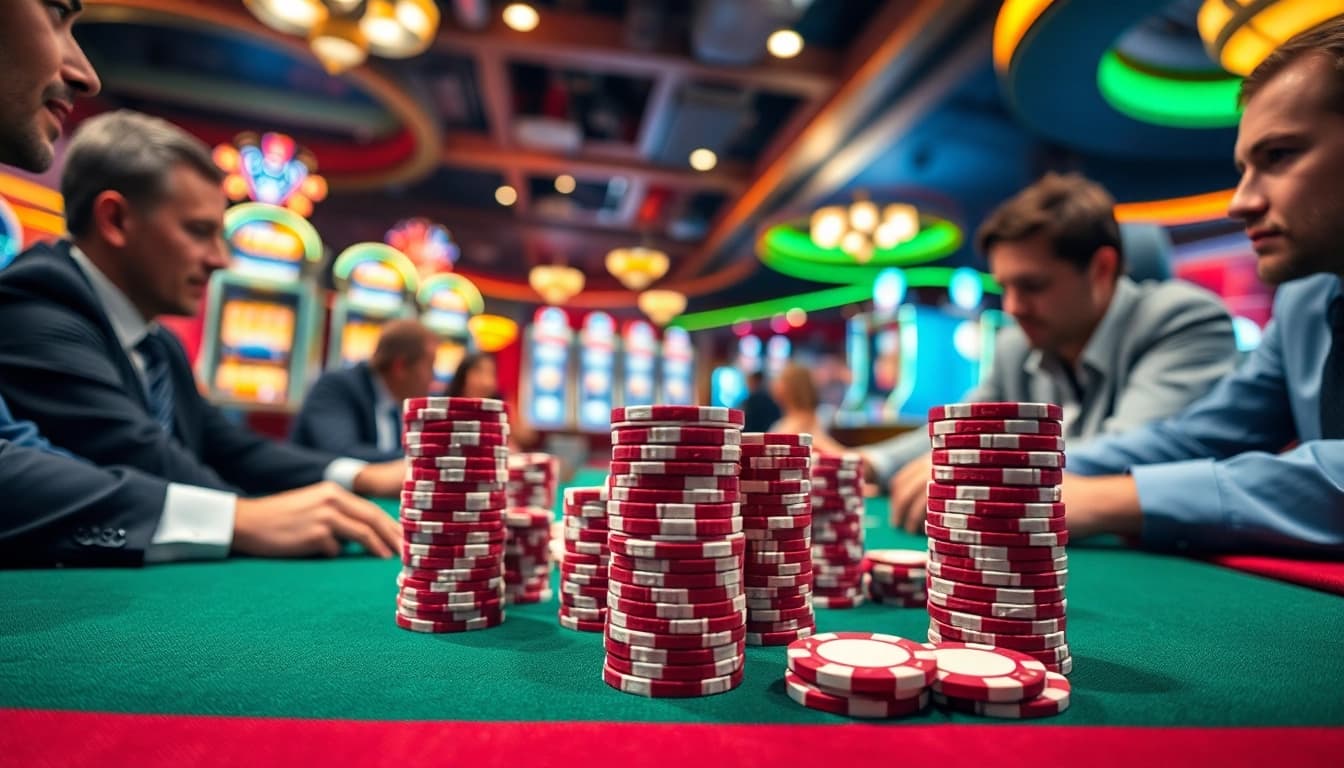 Situs toto poker di kasino yang ramai dengan pemain dan tumpukan chip.