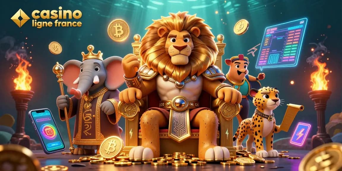Plongez dans l'univers du casino en ligne France avec le lion roi entouré de symboles cryptographiques et de jeux dynamiques.